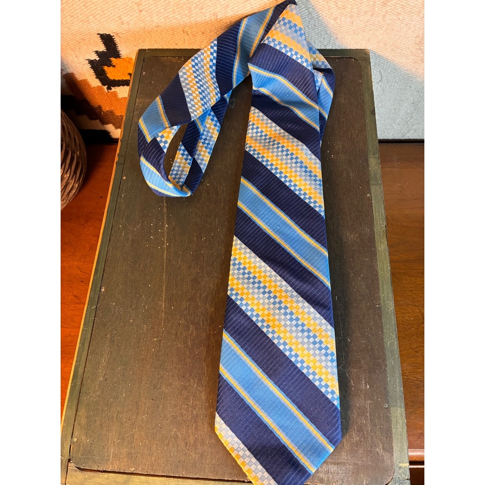 Americana Necktie Mens OS Blue Yellow Excellent Striped Checkered Geometric Tie
